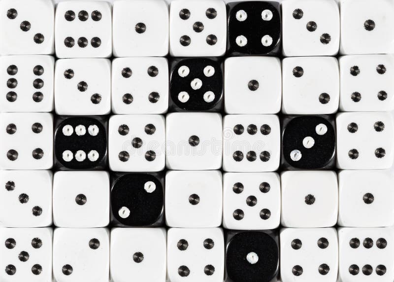 Background of random ordered white dices with six black cubes royalty free stock photo
