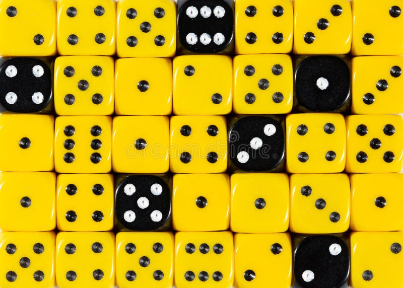 Background of random ordered yellow dices with six black cubes stock image