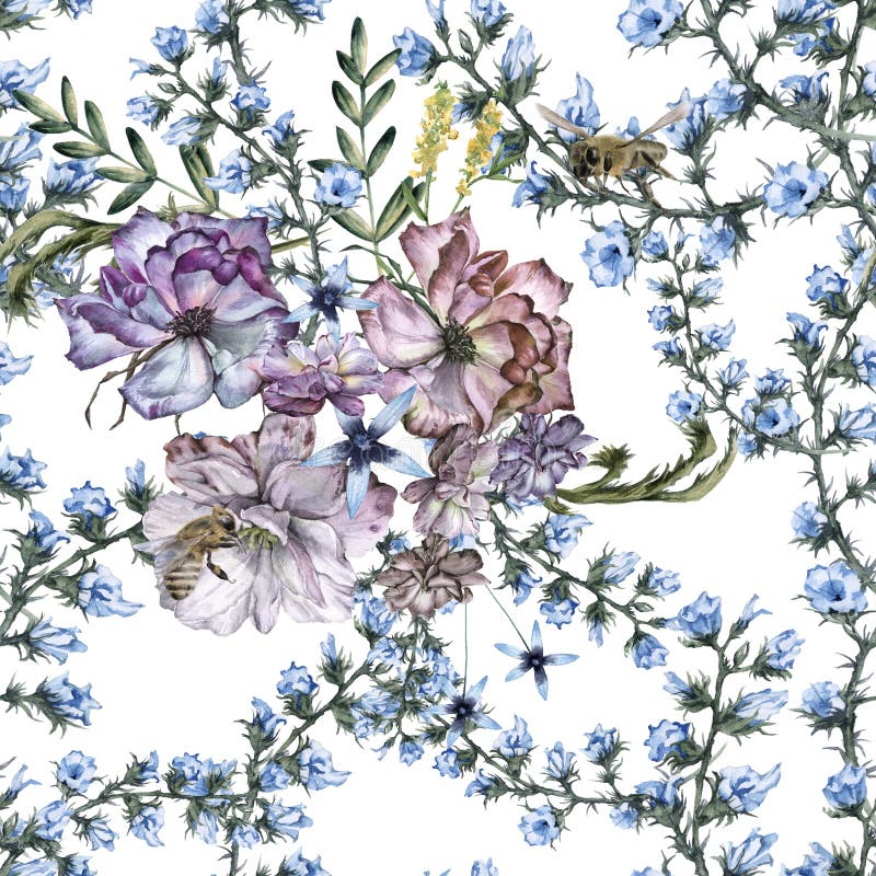 Background of roses with wildflowers and bees. Seamless pattern. Watercolor illustration