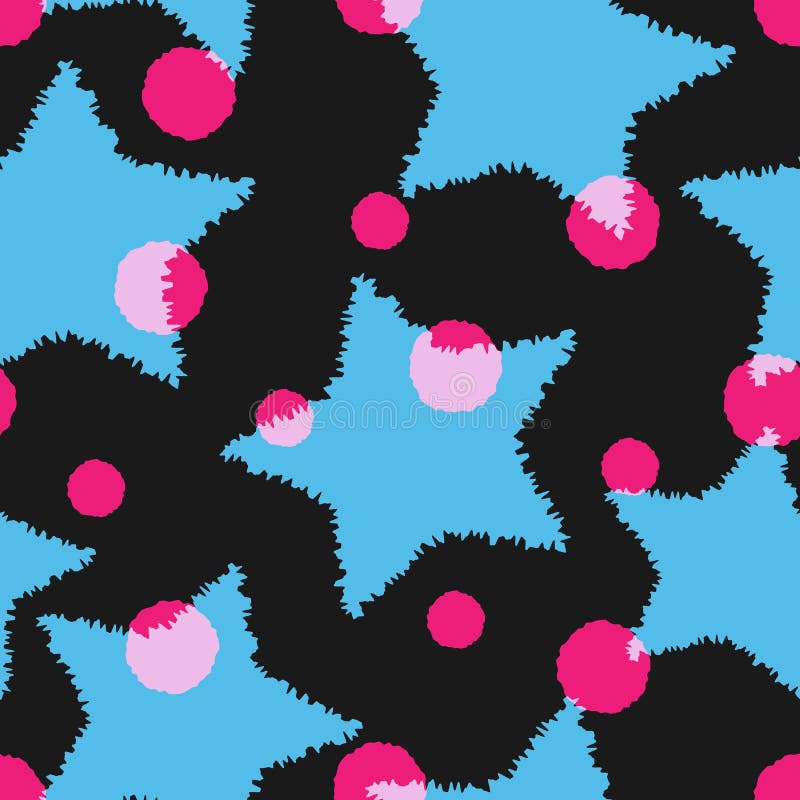 Background with rough stars and rounded spots. Seamless pattern.