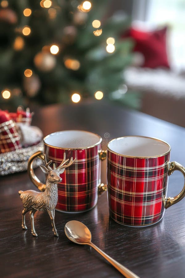 The background is rustic holiday with a small toy deer and mugs stock photography