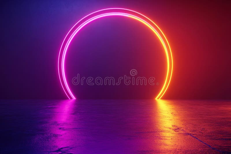 The background of the scene is an abstract pathway that leads to a blue and pink neon light circle reflecting on the stock photo
