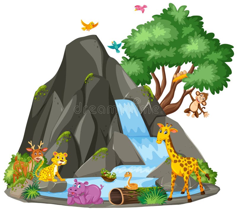 Background Scene Of Animals At The Waterfall Stock Vector