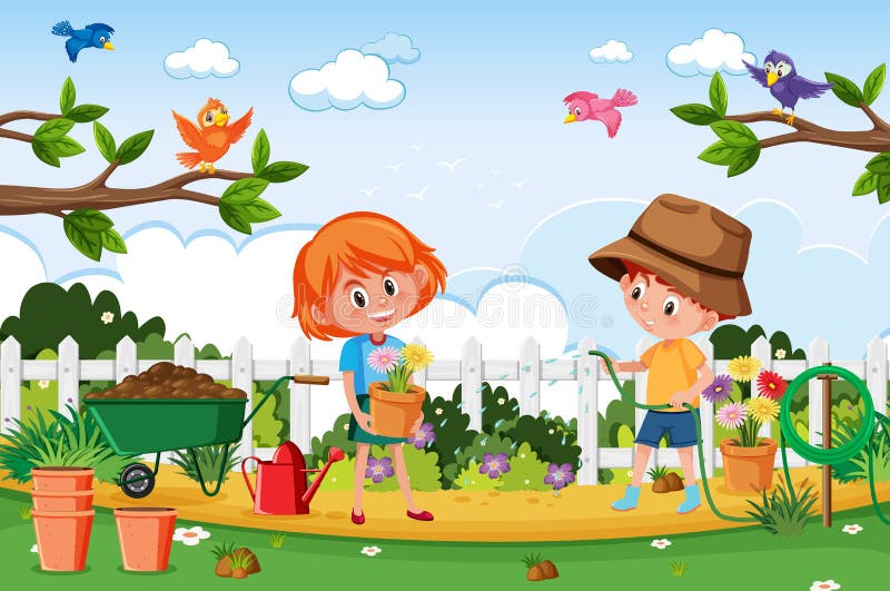 Background scene with kids planting in the park royalty free illustration