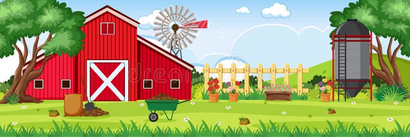 Background scene with red barn and silo on the farm illustration