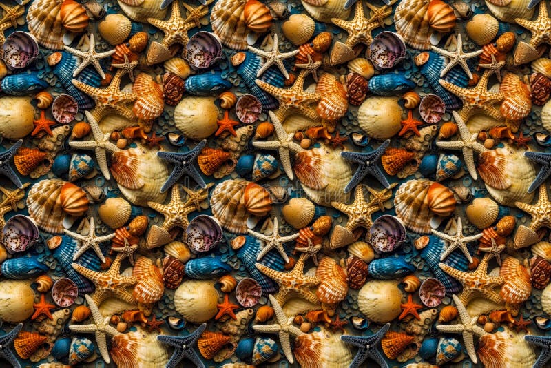 Background from sea shells, snails and a starfish.AI generated