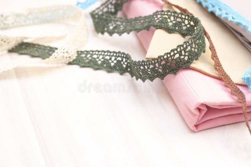 Background Sewing. Ribbons, Lace for Sewing and Creativity Stock Photo