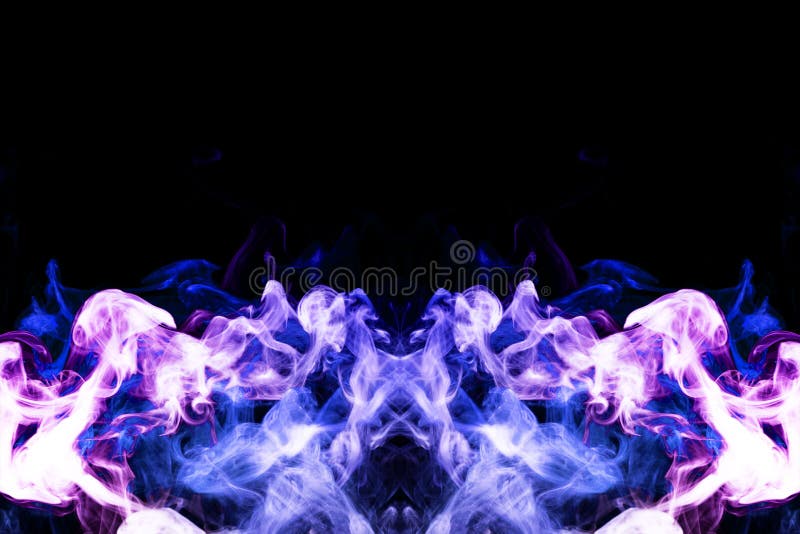 Cloud of blue and pink smoke in the form of a skull, monster, dragon on a black isolated background. Background from the smoke of vape. Mocap for cool t-shirts