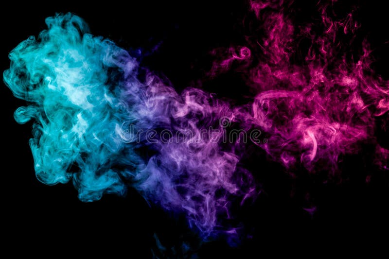 Colorful smoke of pink and blue on a black isolated background. Background from the smoke of vape. Colorful smoke of pink and blue on a black isolated background. Background from the smoke of vape