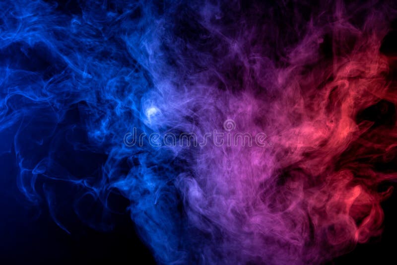 Dense multicolored smoke of blue and purple colors on a black isolated background. Background of smoke vape. Dense multicolored smoke of blue and purple colors on a black isolated background. Background of smoke vape