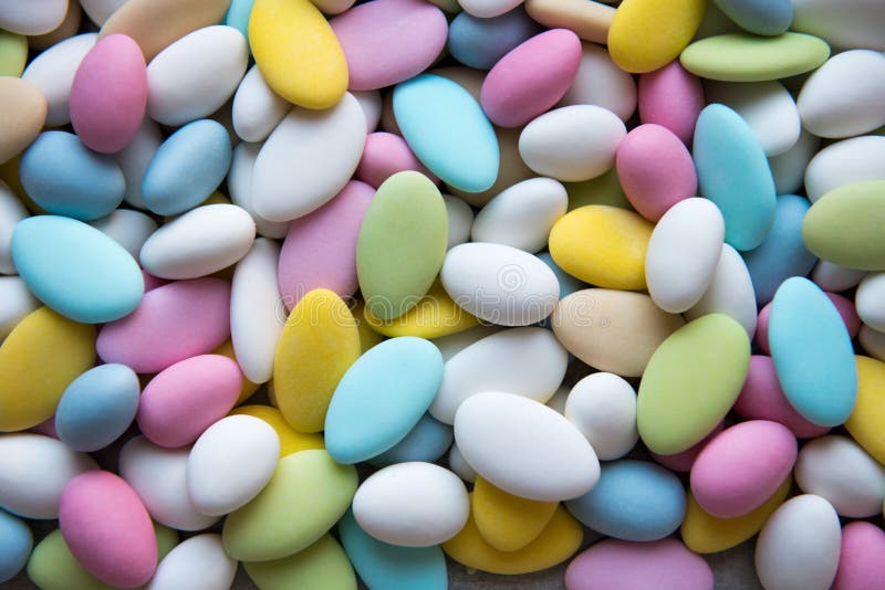 Background Of Sugared Almonds Color Blue, Rose, Green, Yellow, Beige