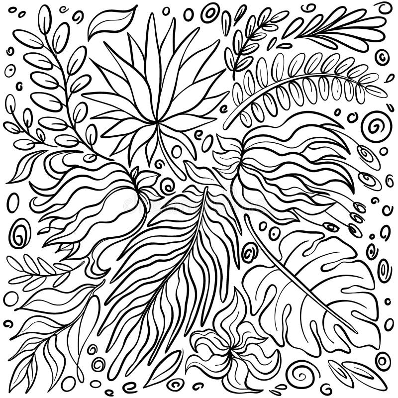 Background Tropical Leaves and Flowers Black Outline Stock Illustration ...