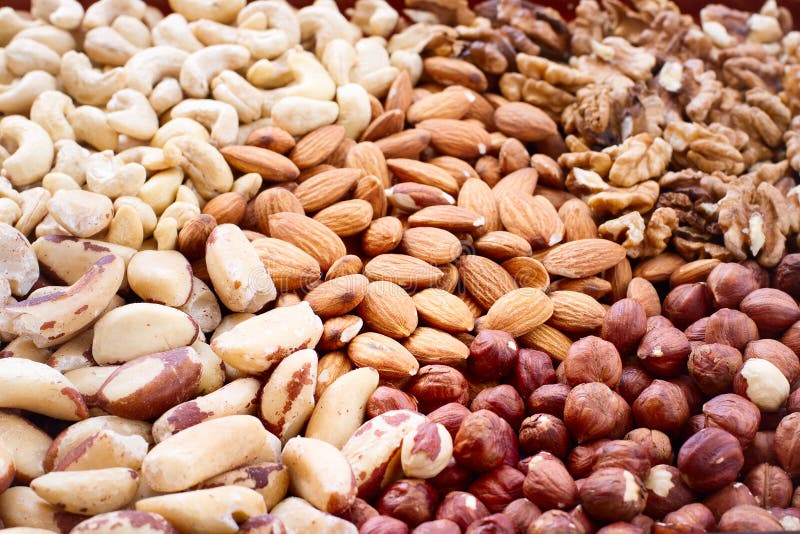 Background from various kinds of nuts stock images