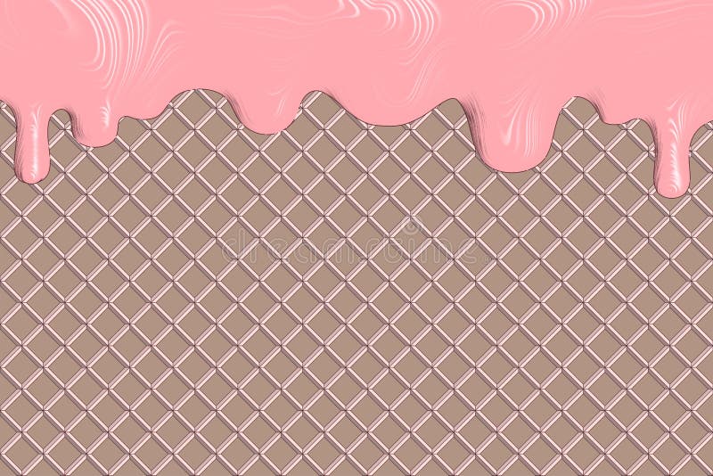 Waffle texture with melting pink ice cream or yogurt. Brown waffle pattern. 3D visualization. Waffle texture with melting pink ice cream or yogurt. Brown waffle pattern. 3D visualization