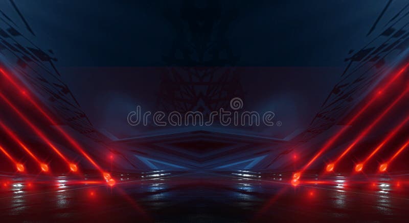 Background wall with neon lines and rays. Background dark corridor with neon light. Abstract background with lines and glow. Light stock photography
