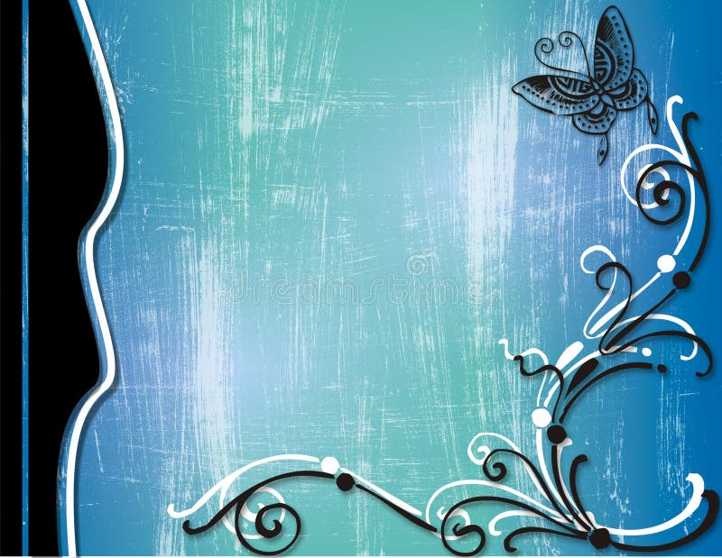 A blue and green grunge background with white and black ornamental overlay and butterfly for use in website wallpaper design, presentation, desktop, invitation and brochure backgrounds. Backdrop simple landscape illustrations