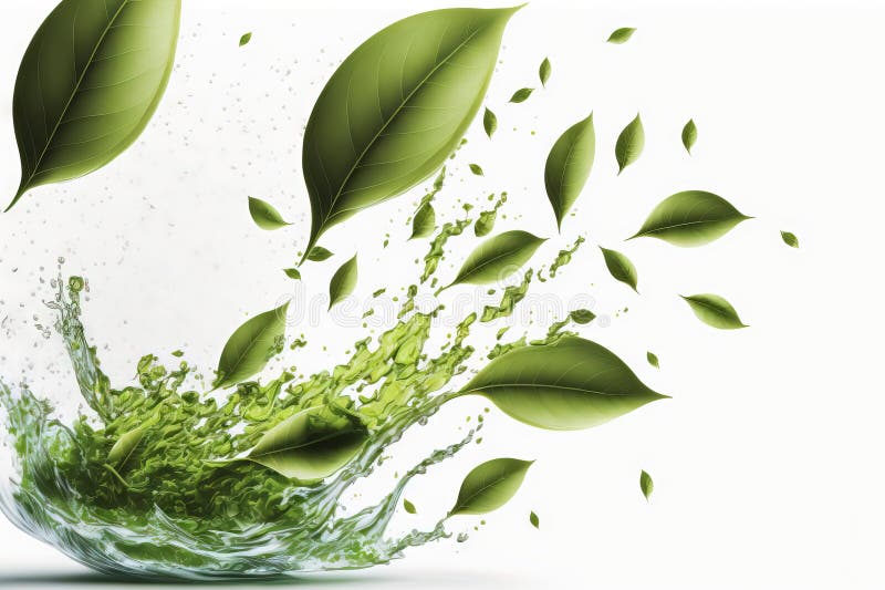 A Background of White with Dropping Fresh Green Tea Leaves Stock