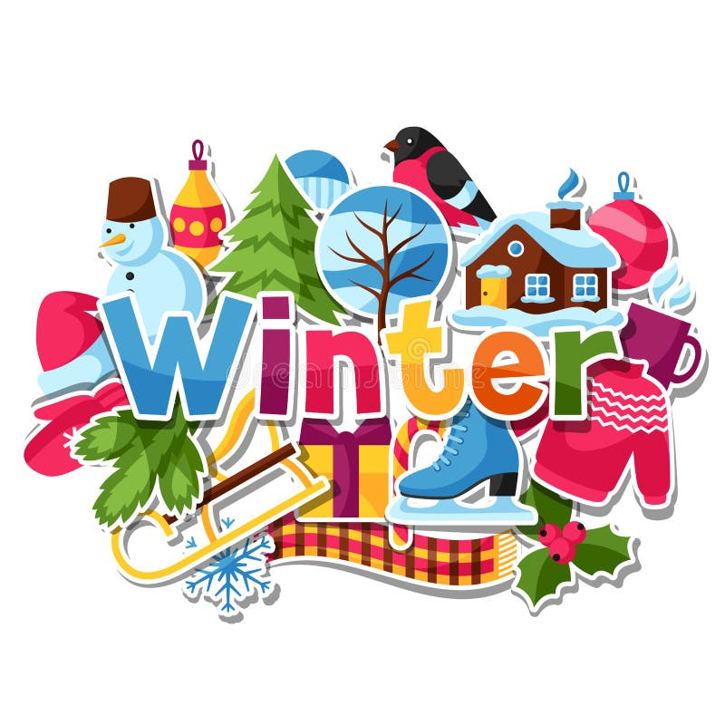 Happy winter stickers collection Royalty Free Vector Image