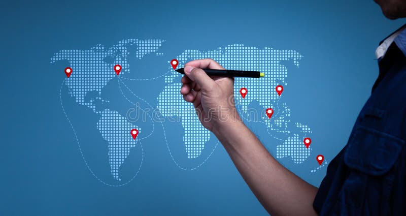 On the background is a world map with logistic network spread. Fast or instant shipment, online goods orders are all examples of stock photo