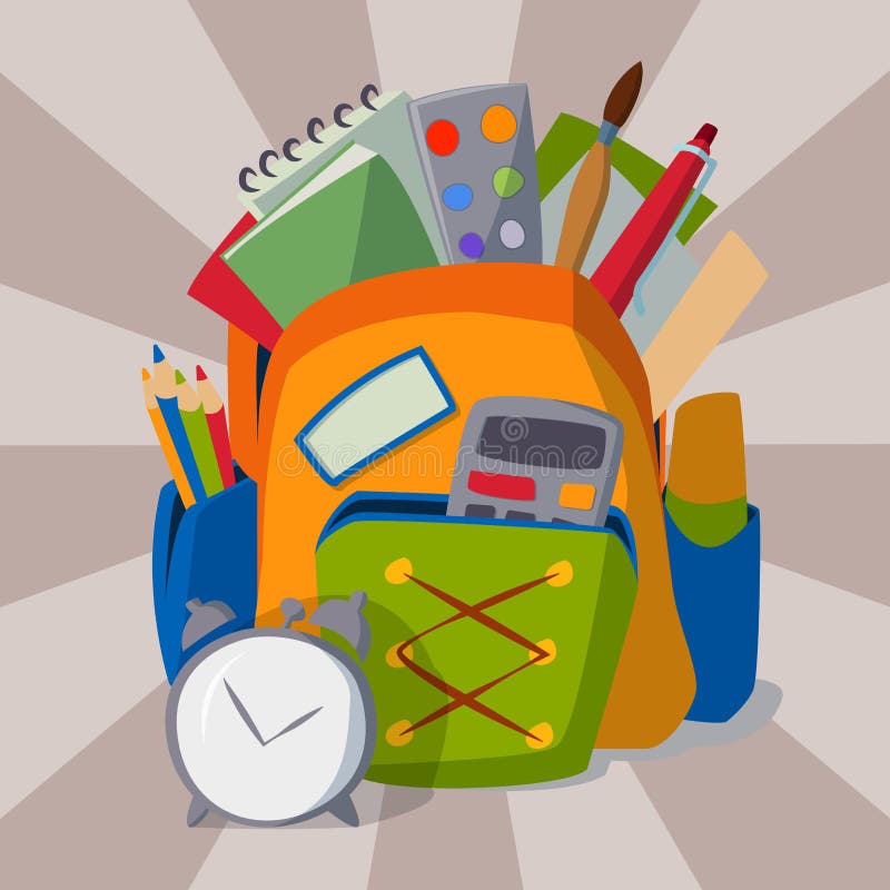 Backpack completamente da ilustração do vetor do objeto da educação do equipamento da bagagem do estudante das fontes de escola ilustração royalty free Backpack completamente da ilustração do vetor do objeto da educação do equipamento da bagagem do estudante das fontes de escola ilustração royalty free