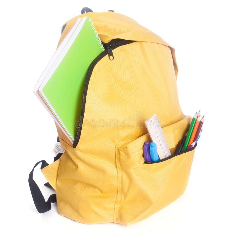 Backpack full of school supplies stock photos