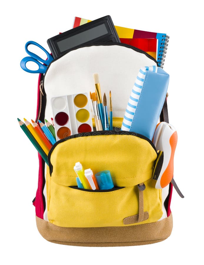 Backpack Full of School Supplies Over Black School Board Background ...