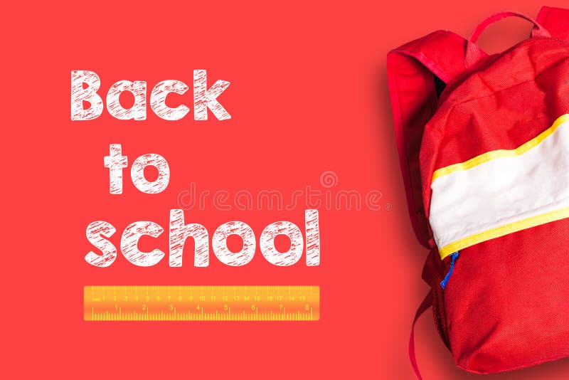 Backpack on a Red Background. Caption Back To School. Red School Bag