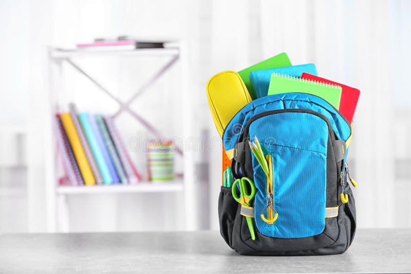 Backpack with School Stationery on Table Stock Image Image of backpack, fruit 124048345