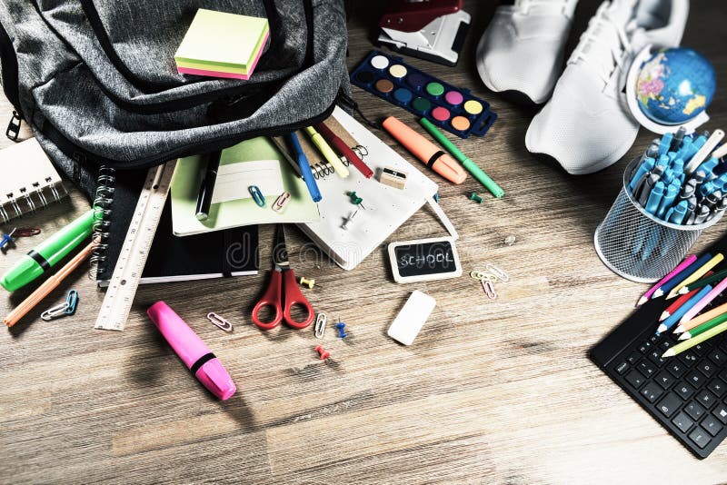 Backpack with School Supplies, Top View. Back To School Stock Image