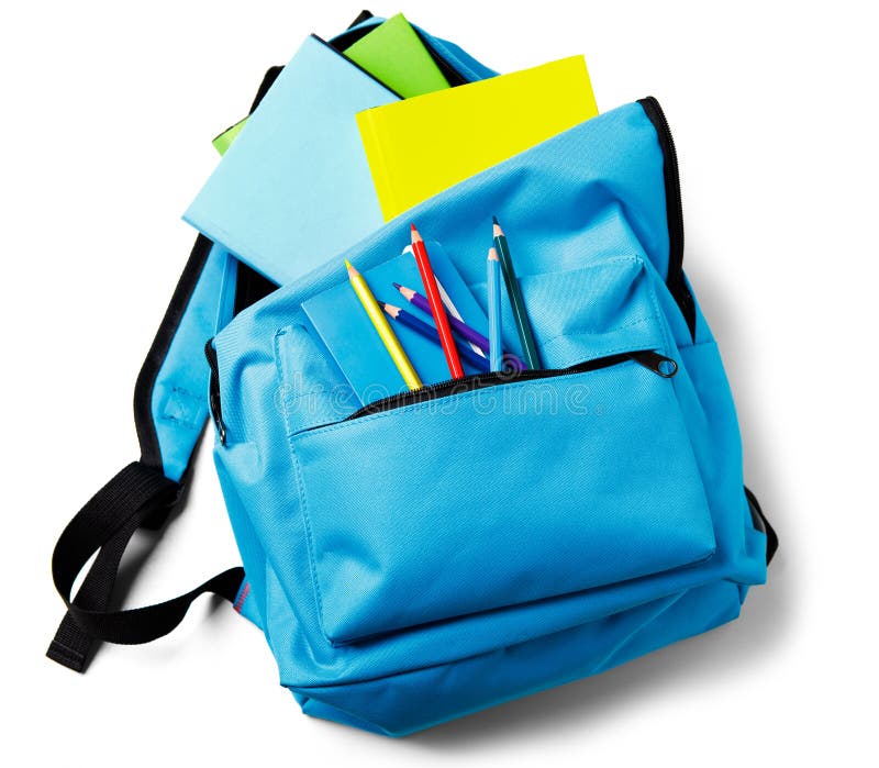 Backpack with school supplies, isolated on white royalty free stock image