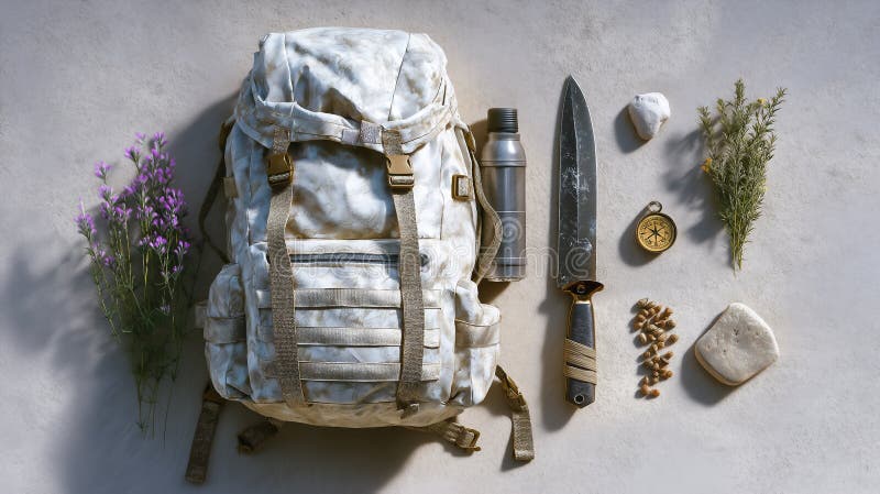 Backpack with survival essentials neatly placed on neutral surface. Items include knife, water bottle, compass, and royalty free stock photography
