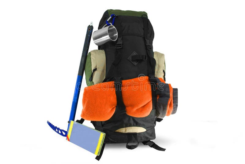 Backpack with tourist equipment on white royalty free stock image Backpack with tourist equipment on white royalty free stock image