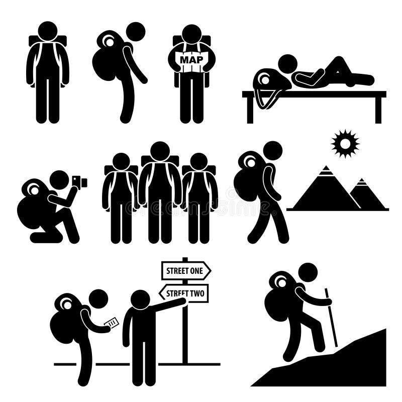 A set of human pictogram representing the activity of a backpacker travelling. A set of human pictogram representing the activity of a backpacker travelling.