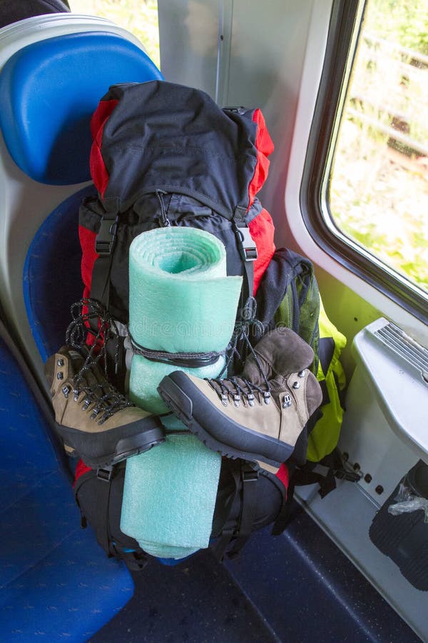 Full Equipped Hiking Backpack in a Train Cart Stock Image Image of