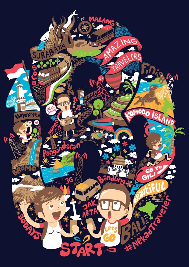 Backpacker on amazing traveler in indonesia illustration royalty free illustration Backpacker on amazing traveler in indonesia illustration royalty free illustration