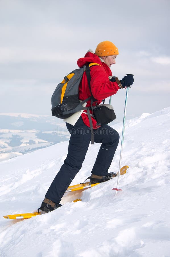 Backpacker girl in snow shoes