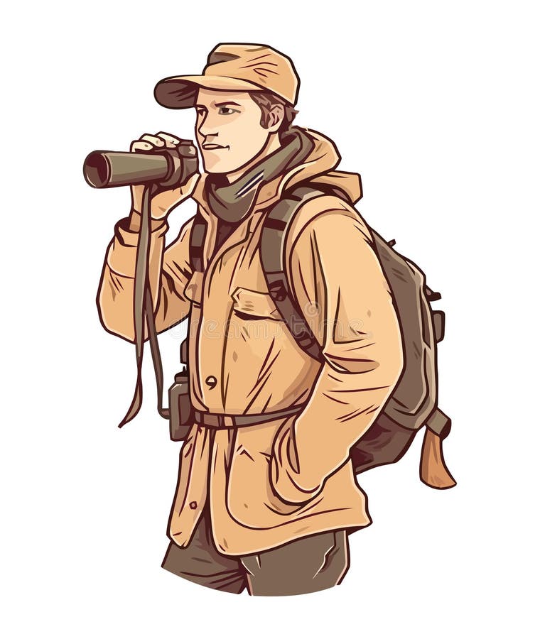 The backpacker standing on the isolated mountain stock illustration