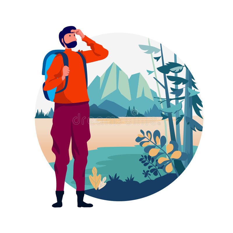 Backpacker travel adventure concept. outdoor vacation recreation in nature theme of hiking, climbing, trekking. vector.