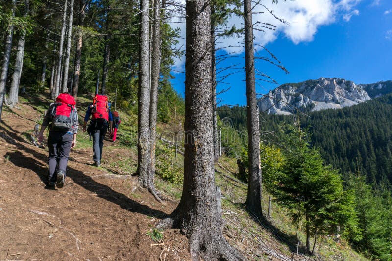 Un gruppo di persone con zaini di escursionismo in montagna.