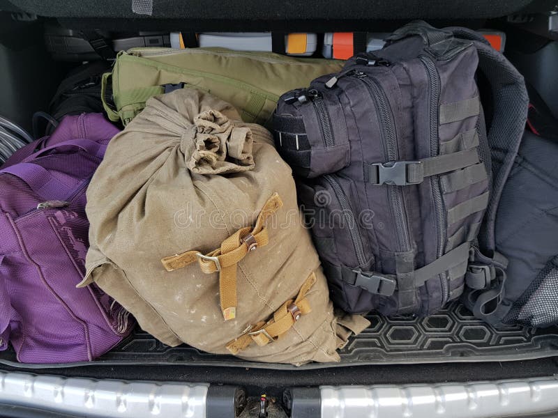 Backpacks and Bags in the Trunk of the Car Stock Photo Image of