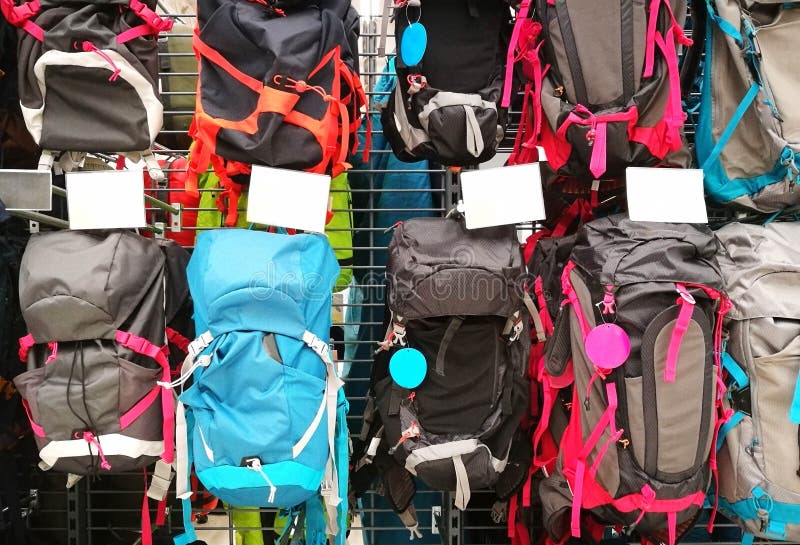 Backpacks In Different Types And Colors In Store stock images
