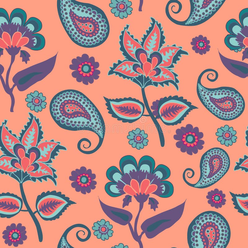 Backround Pasley, indiano Kalamkari, modello arabo di ripetizione nella tendenza vivente 2019 di colore del collare illustrazione vettoriale Backround Pasley, indiano Kalamkari, modello arabo di ripetizione nella tendenza vivente 2019 di colore del collare illustrazione vettoriale