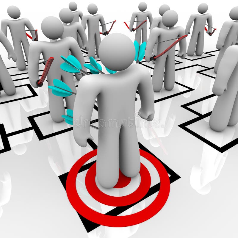 Several employees stand on an organizational chart grid and shoot arrows into the back of a coworker, representing betrayal and rejection of a colleague. Several employees stand on an organizational chart grid and shoot arrows into the back of a coworker, representing betrayal and rejection of a colleague