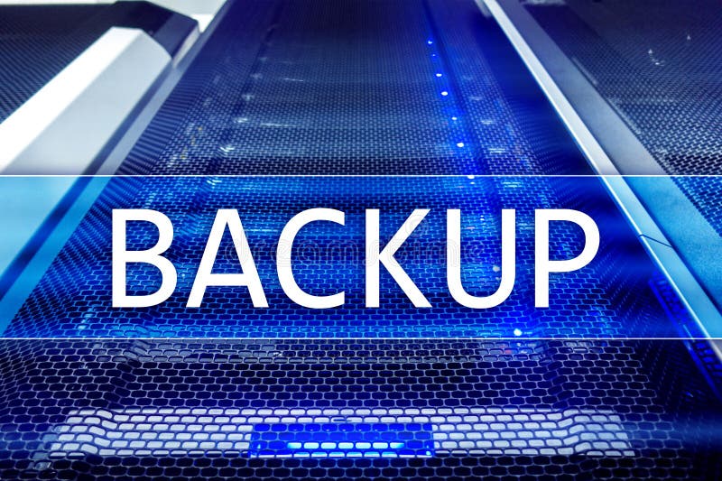 Backup button on modern server room background. Data loss prevention. System recovery vector illustration