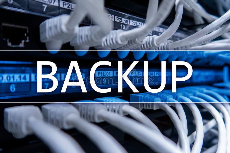 Backup button on modern server room background. Data loss prevention. System recovery royalty free stock images