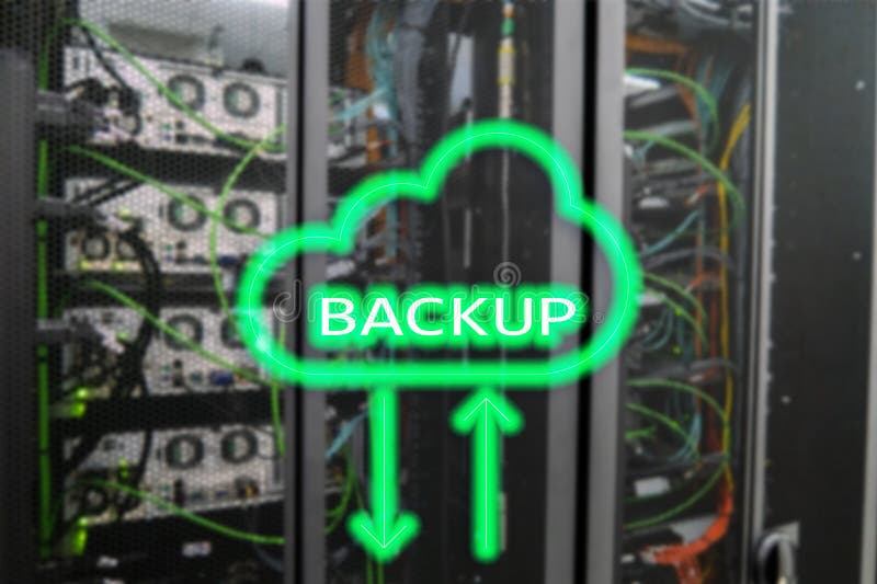 Backup button on modern server room background. Data loss prevention. System recovery stock photo