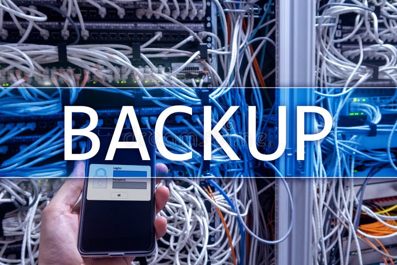 Backup button on modern server room background. Data loss prevention. System recovery.