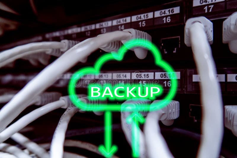 Backup button on modern server room background. Data loss prevention. System recovery stock image