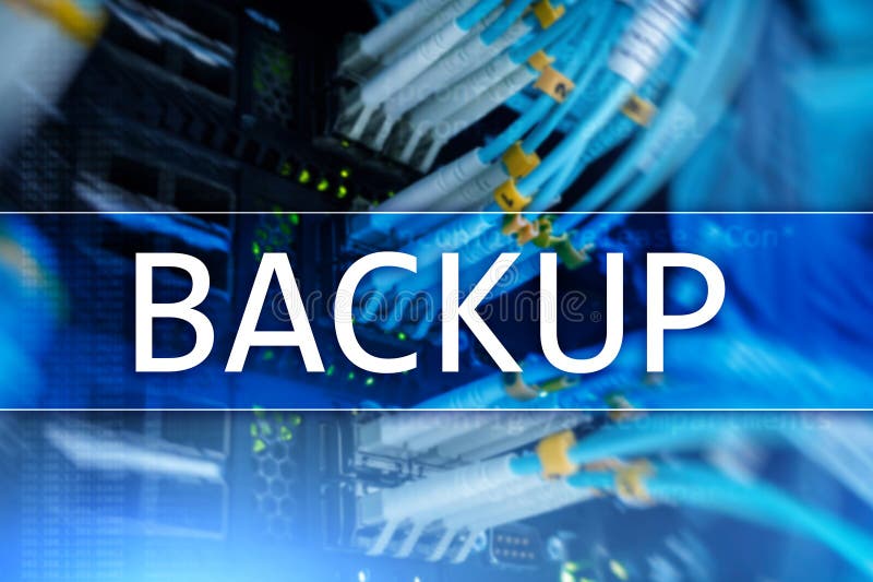 Backup button on modern server room background. Data loss prevention. System recovery stock photography