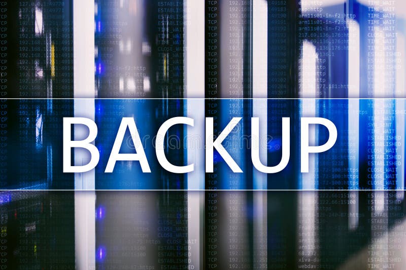 Backup button on modern server room background. Data loss prevention. System recovery royalty free stock photography